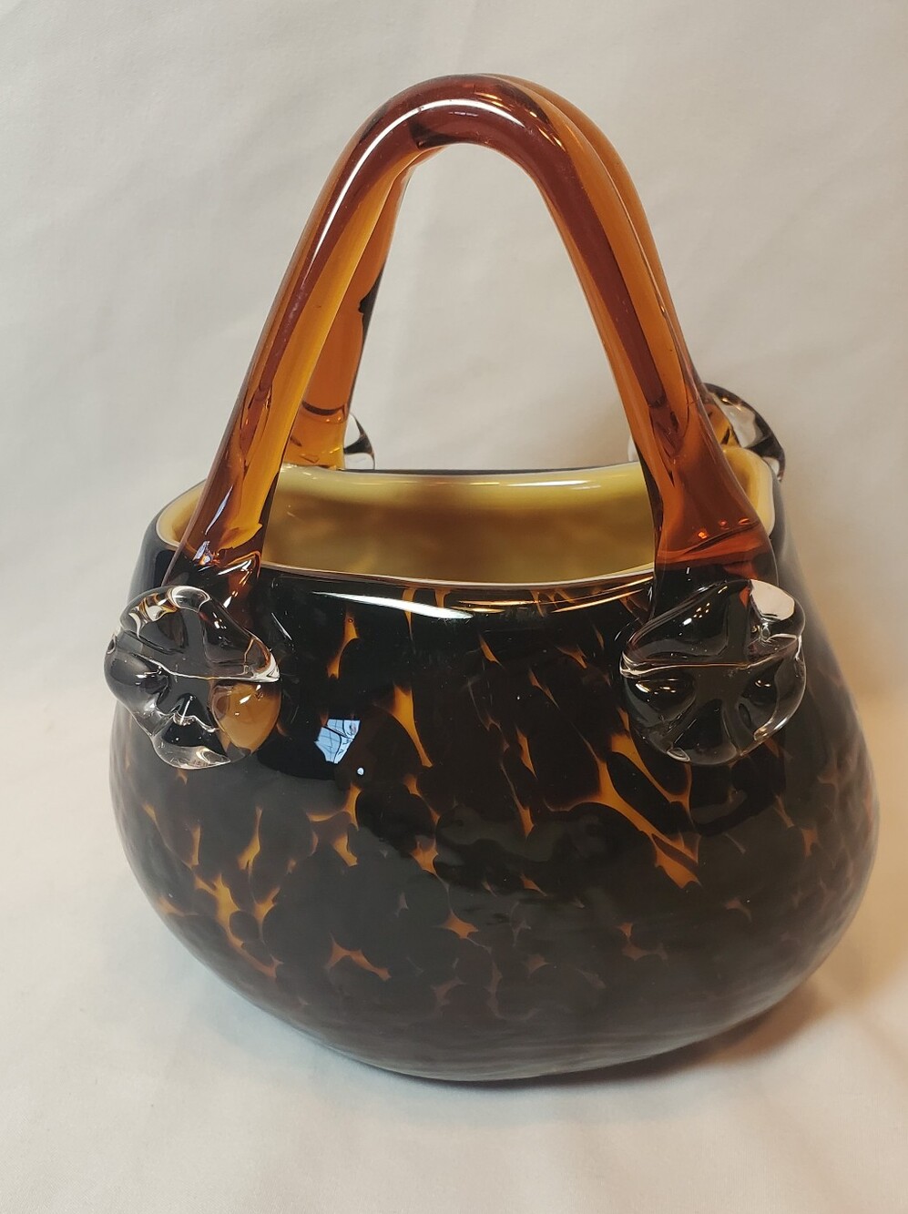 Murano Style Vtg Leopard-Print Mouth Blown Hand Cut Polished Purse Vase Figurine